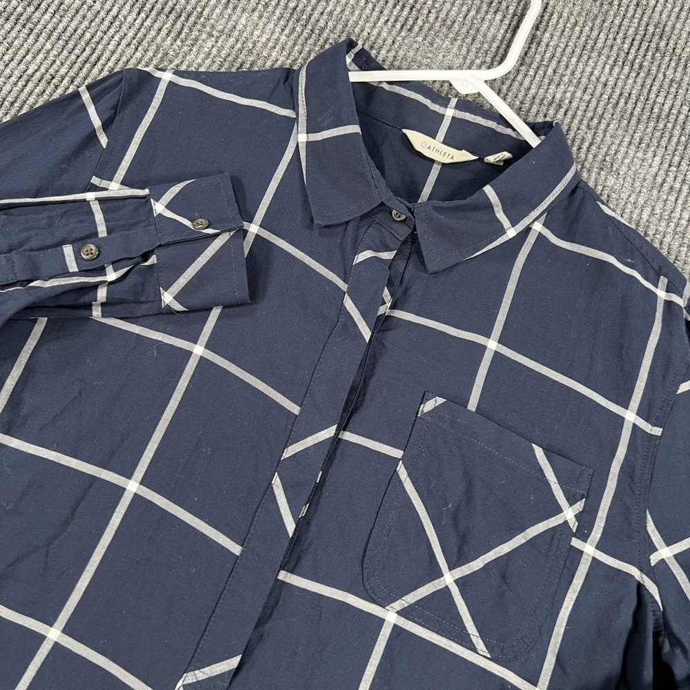 Athleta Shirt Womens Size Large Blue Check Long Sleeve Button Up Popover